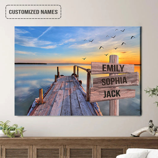 Family Street Sign Wall Art Canvas Customized Multi-Names, Sunset On Lake Dock Landscape Canvas Poster Home Decor