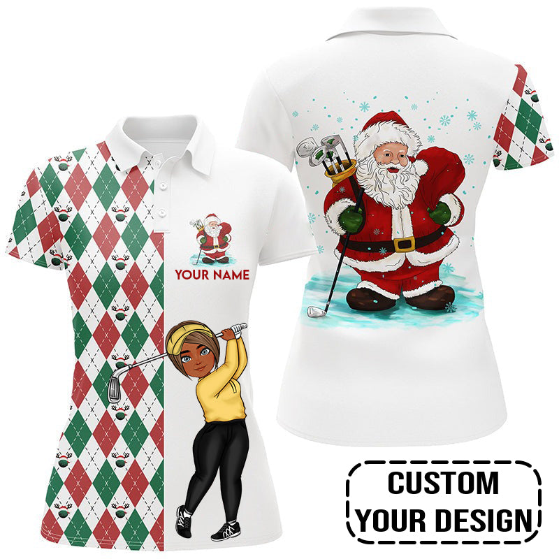 Golf Custom Women Polo Shirt, Argyle Pattern Christmas Personalized Women Polo Shirt