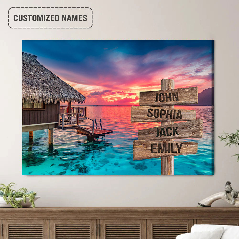 Personalized Family Names Sign Wall Art Canvas Hanging, Thatched Hut Sunset On Ocean Landscape Canvas Poster Home Decor