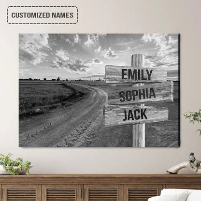 Family Street Sign Wall Art Canvas Customized Multi-Names, Dirt Road And Sunset Landscape Canvas Poster Home Decor