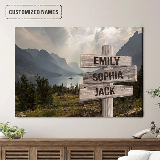 Personalized Family Member Names Wall Art, Lake And Mountain Range Wooden Name Signs Landscape Canvas, Family Poster