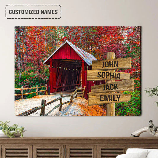 Personalized Family Street Sign Wall Art Canvas Multi-Names, Red Covered Bridge Landscape Canvas Poster Home Decor