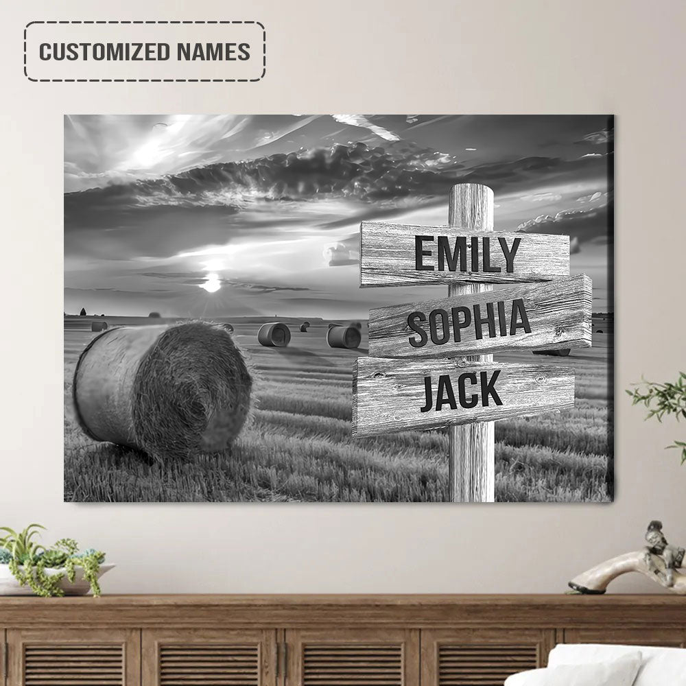 Family Street Sign Black And White Wall Art Canvas Customized Multi-Names, Hay Bale Fields Landscape Canvas Poster Decor