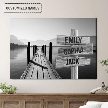 Personalized Family Member Names Black And White Wall Art, Boardwalk On Lake Wooden Name Signs Landscape Canvas
