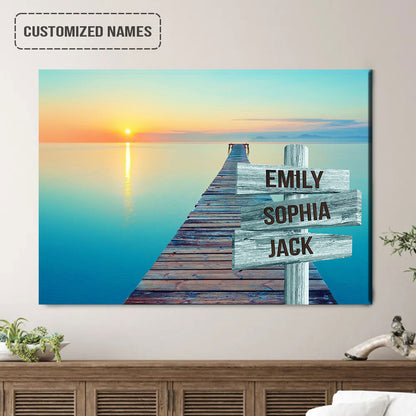 Family Street Sign Wall Art Canvas Customized Multi-Names, Sunrise On Beach Ocean Dock Landscape Canvas Poster Decor