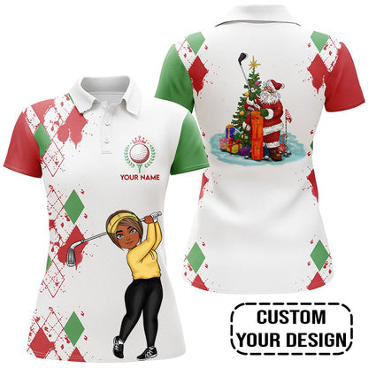 Golf Custom Women Polo Shirt, Argyle Pattern Christmas Golf Queen Personalized Women Polo Shirt