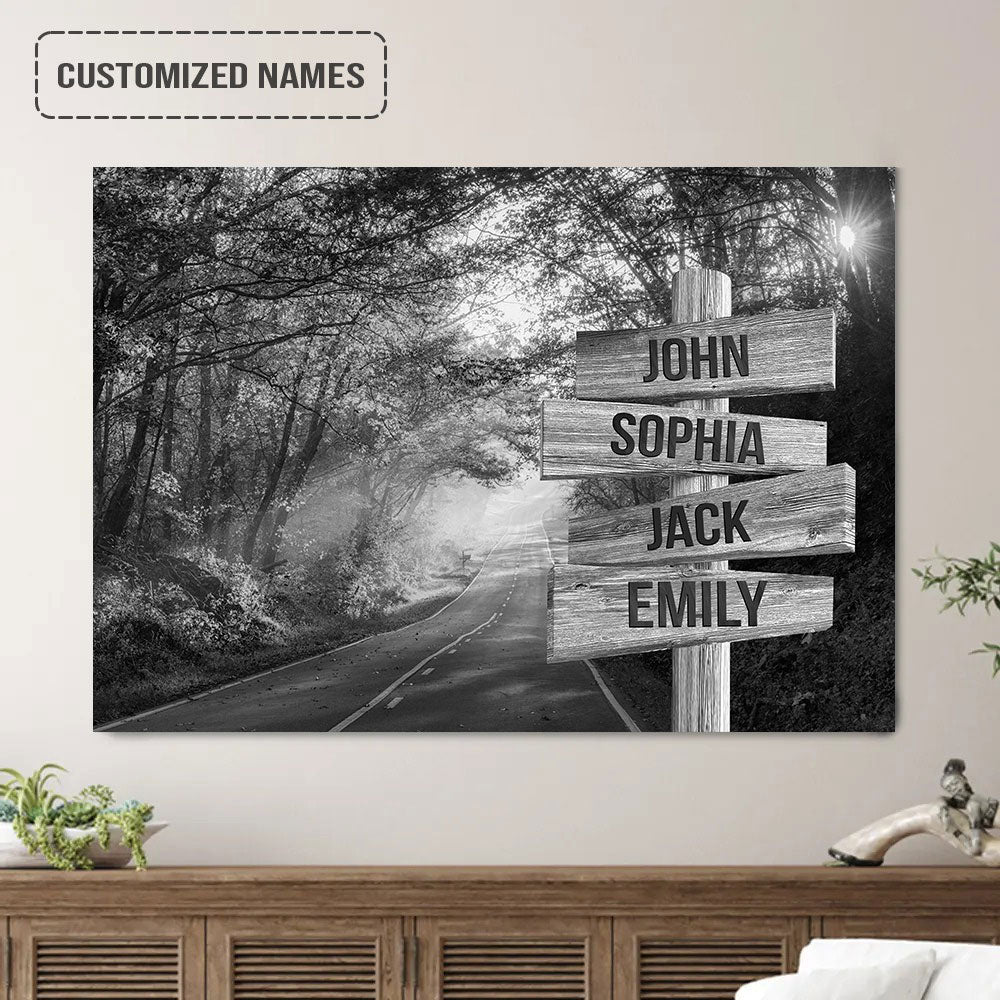 Personalized Family Member Names Black And White Wall Art, Autumn Road Wooden Name Signs Landscape Canvas Home Decor