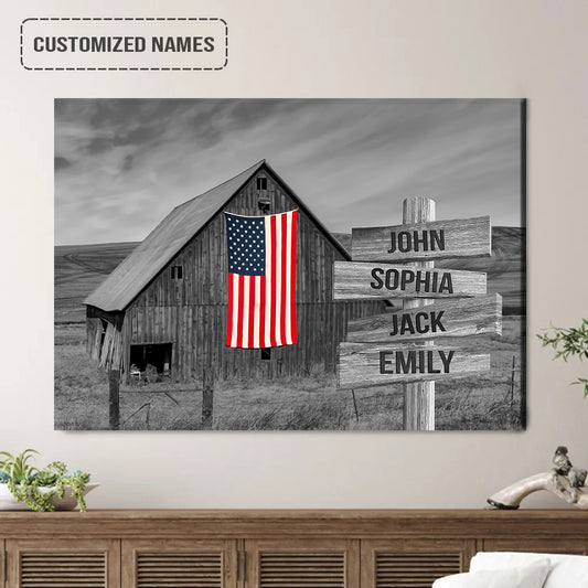 Personalized Family Member Names Black And White Wall Art, American Barn Wooden Name Signs Landscape Canvas Poster Decor