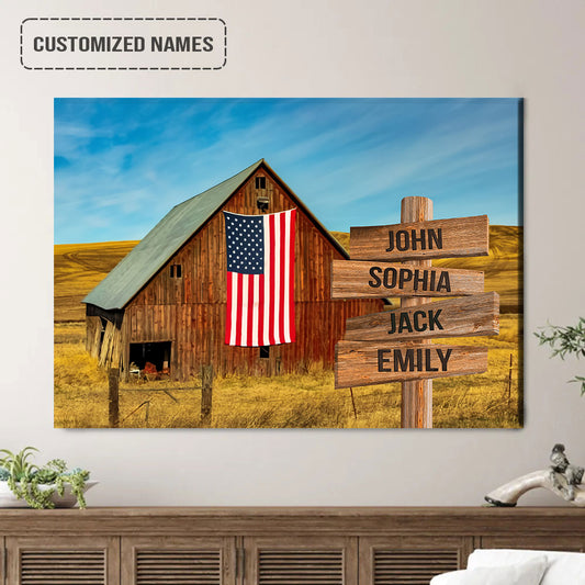 Family Street Sign Wall Art Canvas Customized Multi-Names, Old Barn And American Flag Landscape Canvas Poster Home Decor