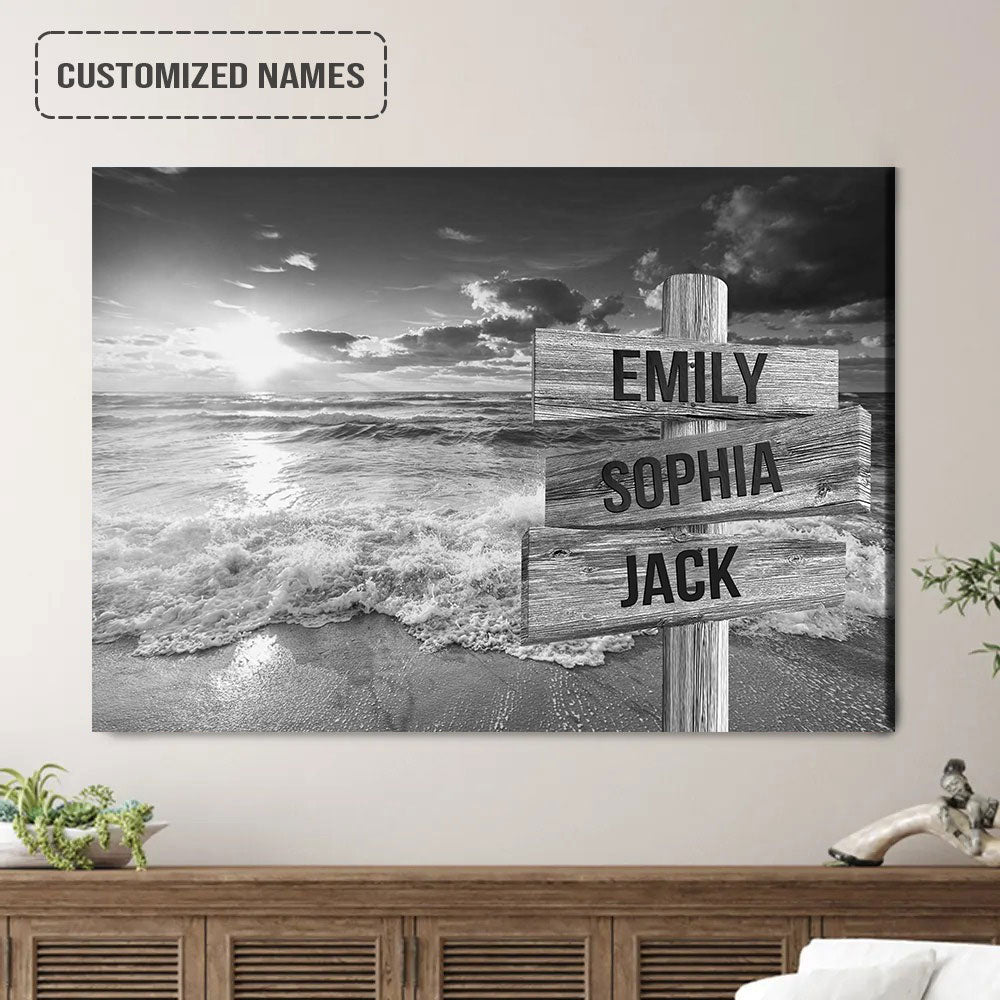 Personalized Family Member Names Black And White Wall Art, Sunset At The Beach Wooden Name Signs Landscape Canvas Decor