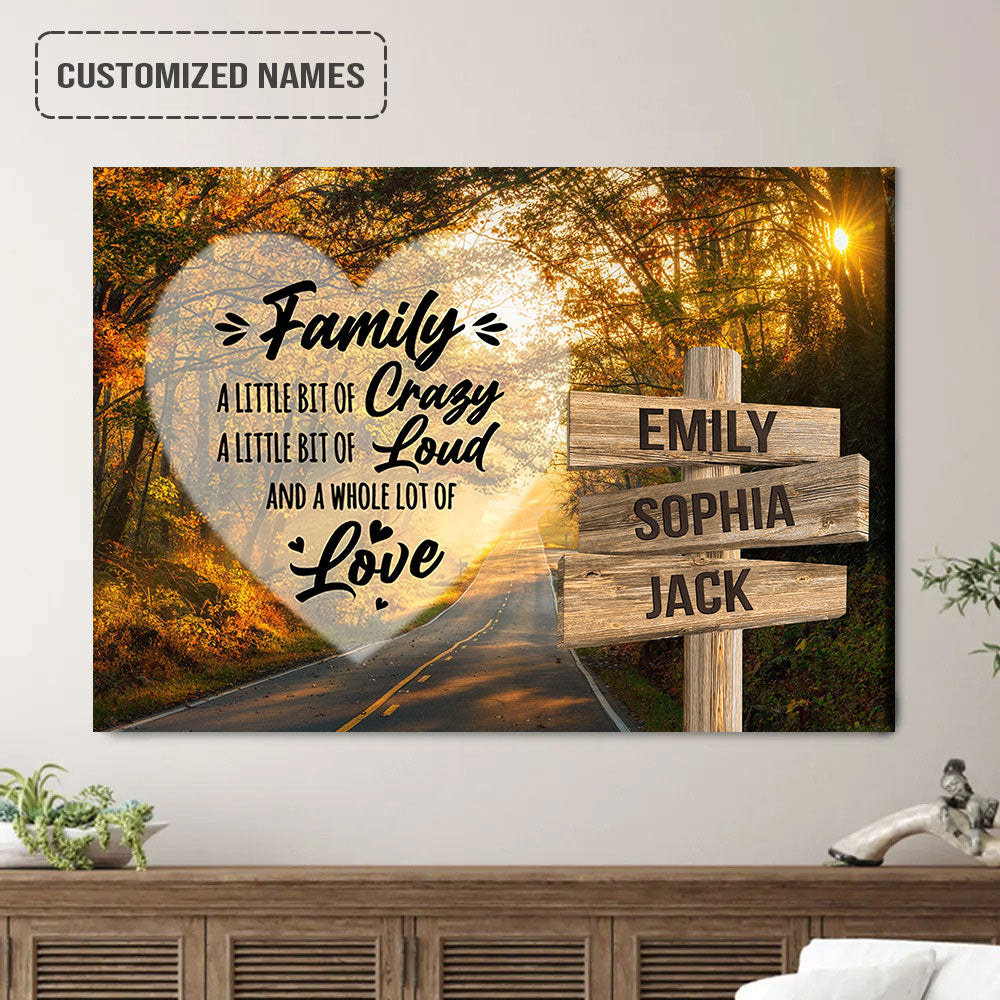 Personalized Family Member Names Wall Art, Family Crazy Loud Love Autumn Road Wooden Names Signs Landscape Canvas Poster