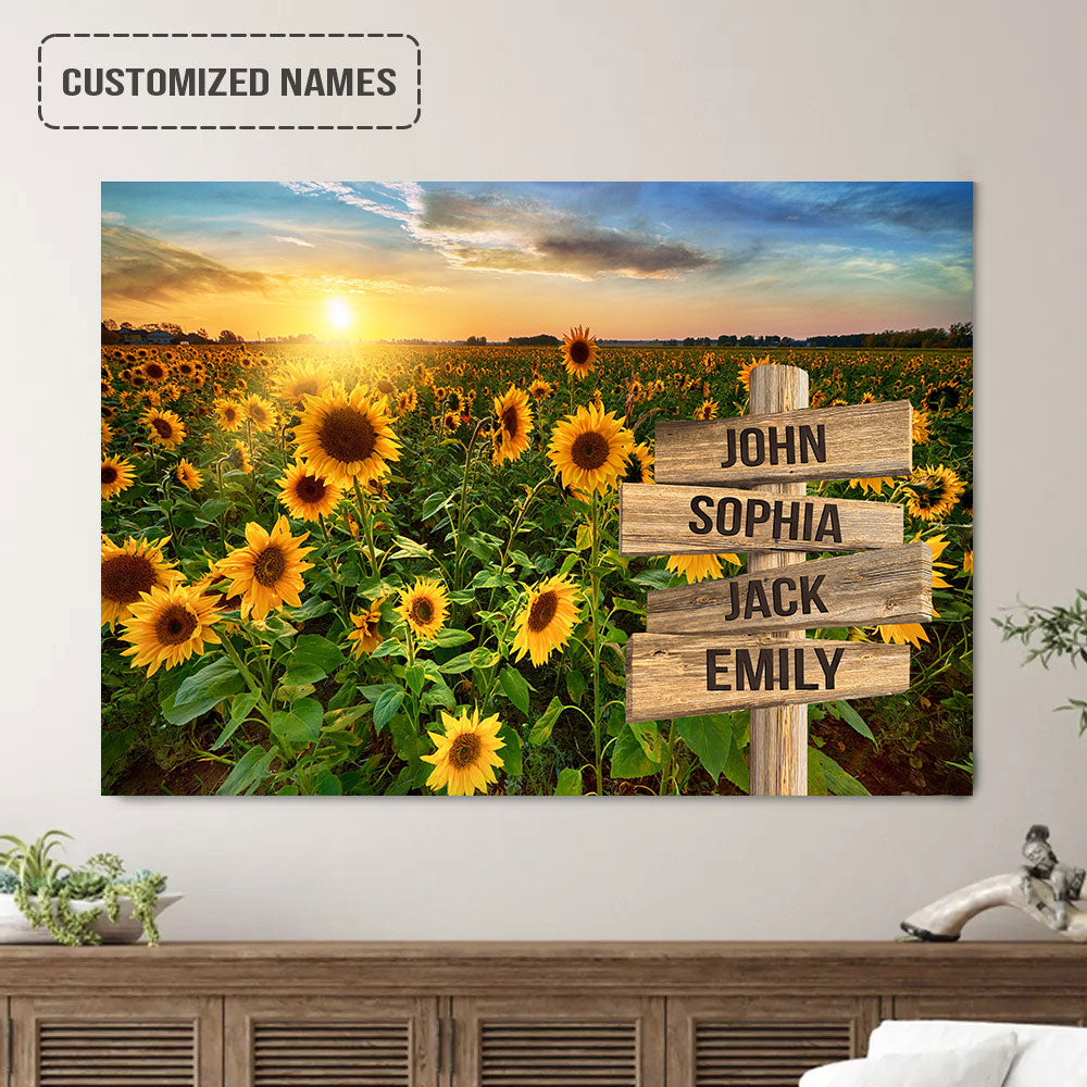 Family Street Sign Wall Art Canvas Customized Multi-Names, Sunrise On Sunflower Field Landscape Canvas Poster Home Decor