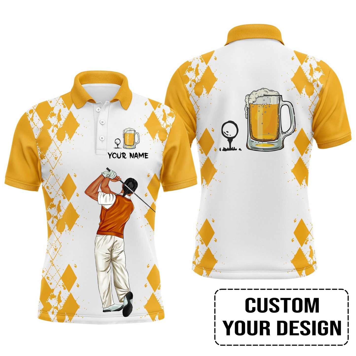 Golf Custom Polo Shirt, Argyle Pattern Beer Golf Personalized Golf Polo Shirt