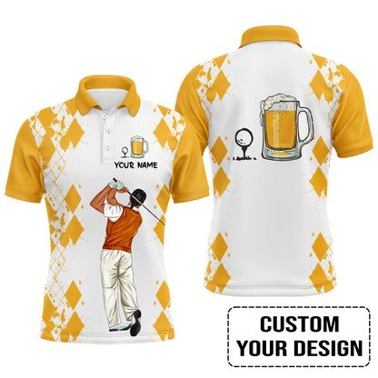 Golf Custom Polo Shirt, Argyle Pattern Beer Golf Personalized Golf Polo Shirt