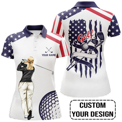Golf Custom Women Polo Shirt, American Flag, US Flag Golf Personalized Women Polo Shirt