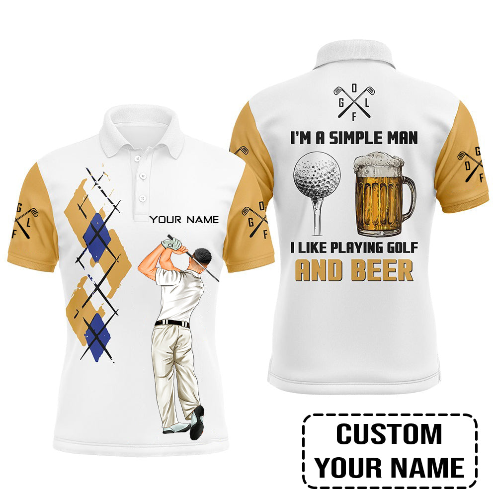 Golf Custom Polo Shirt, I'm A Simple Man Beer Argyle Pattern Personalized Golf Polo Shirt