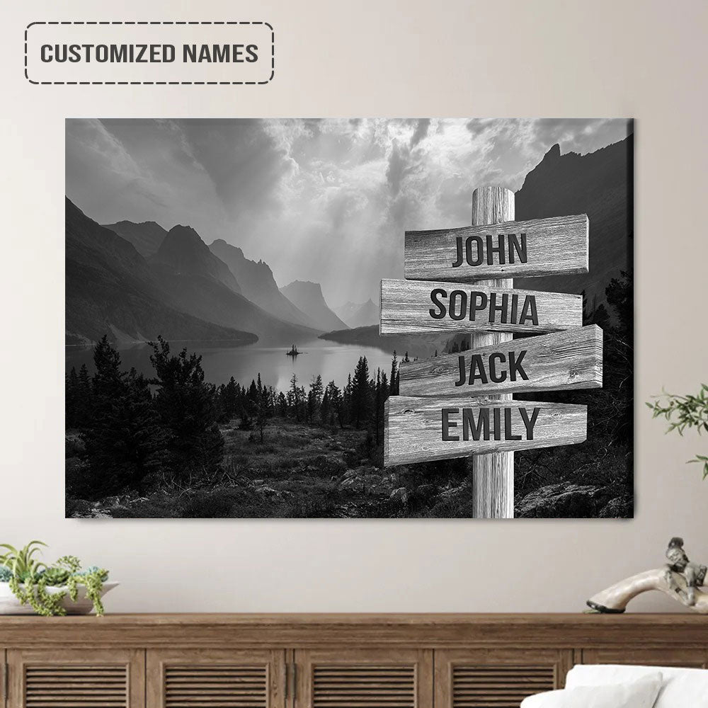 Personalized Family Member Names Black And White Wall Art, Lake And Mountain Range Wooden Name Signs Landscape Canvas