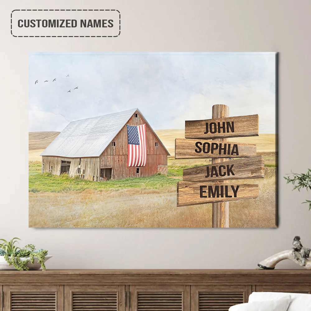 Personalized Family Street Sign Wall Art Canvas Multi-Names, Old Red Barn With American Flag Landscape Canvas Poster