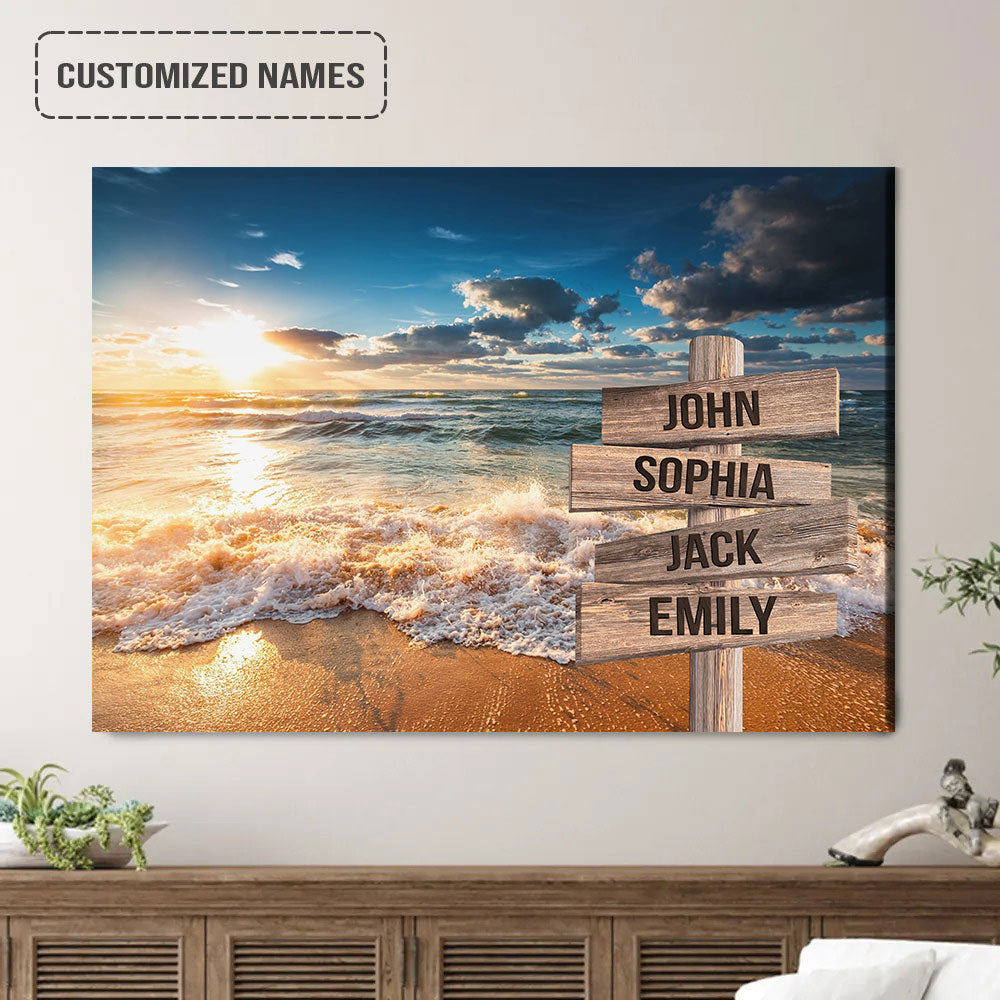 Personalized Family Member Names Wall Art, Sunset At The Beach Ocean Wooden Name Signs Landscape Canvas Poster Decor