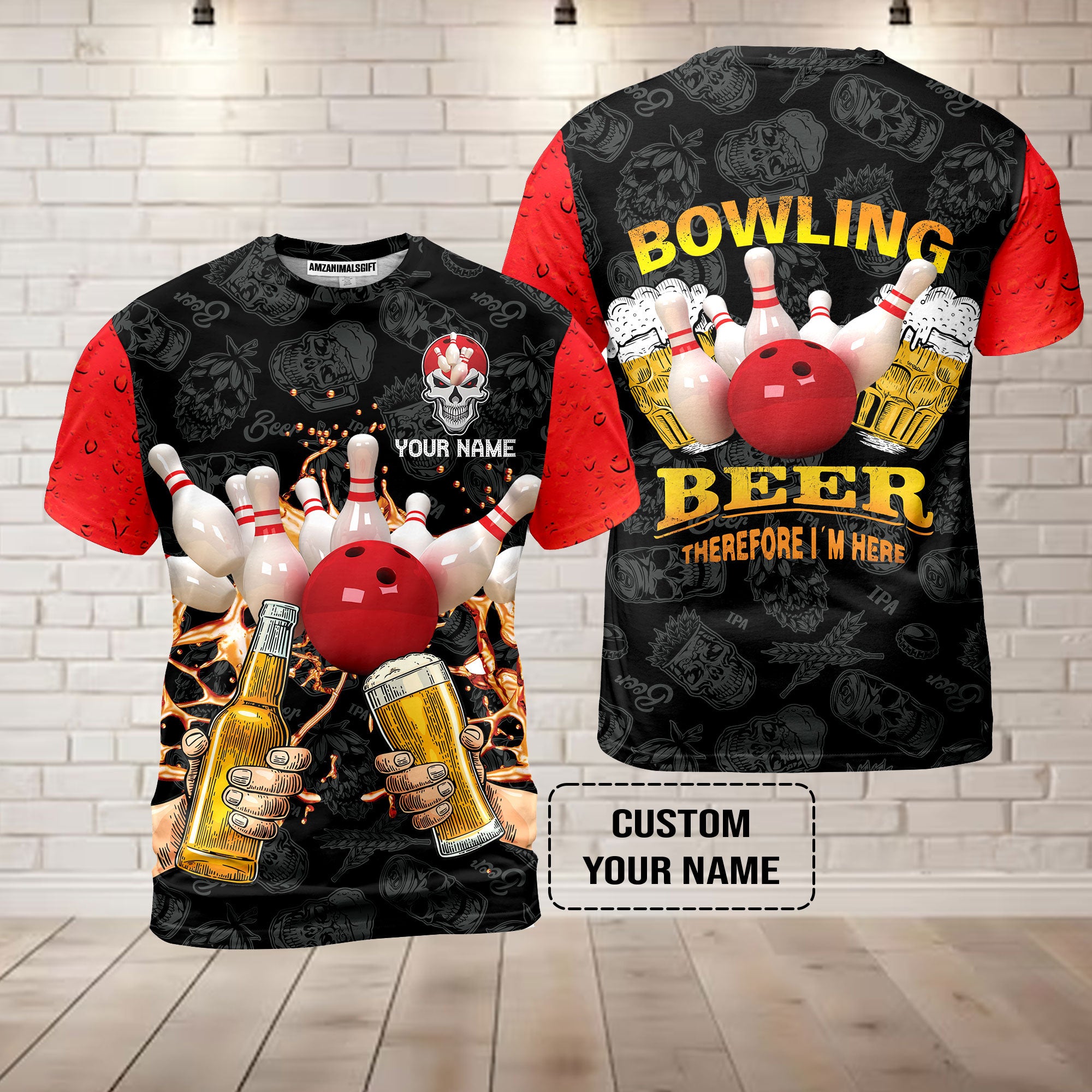 Bowling T-shirt Custom Name, Bowling and Beer Black Red Therefore I'm Here Personalized T-shirt, Gift For Friend, Bowling Lovers