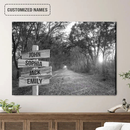 Personalized Family Street Sign Wall Art Canvas Multi-Names, Autumn Road Black And White Landscape Canvas Poster Decor