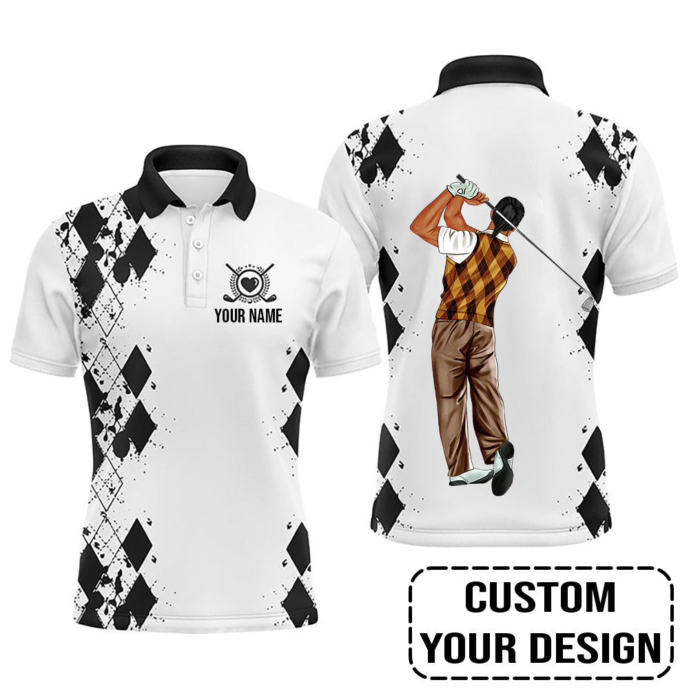 Golf Custom Polo Shirt, Black White Personalized  Golf Polo Shirt