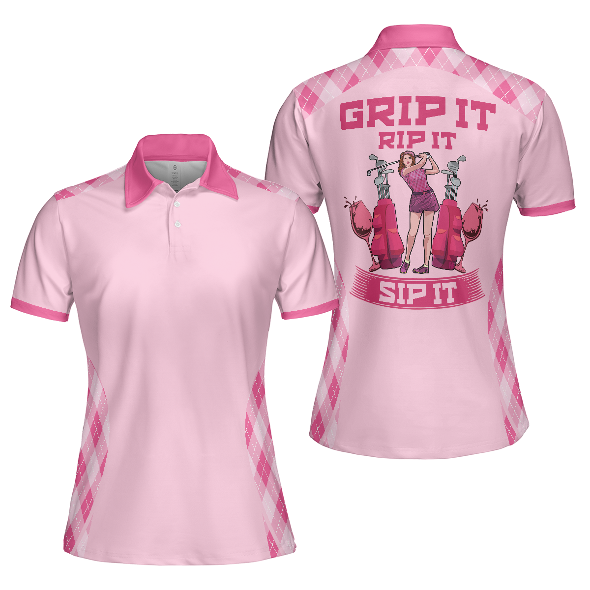Golf Women Polo Shirt, Grip It Rip It Sip It, Pink Argyle Pattern Women Polo Shirts, Best Golfing Gift For Female Golfers, Ladies, Golf Lovers