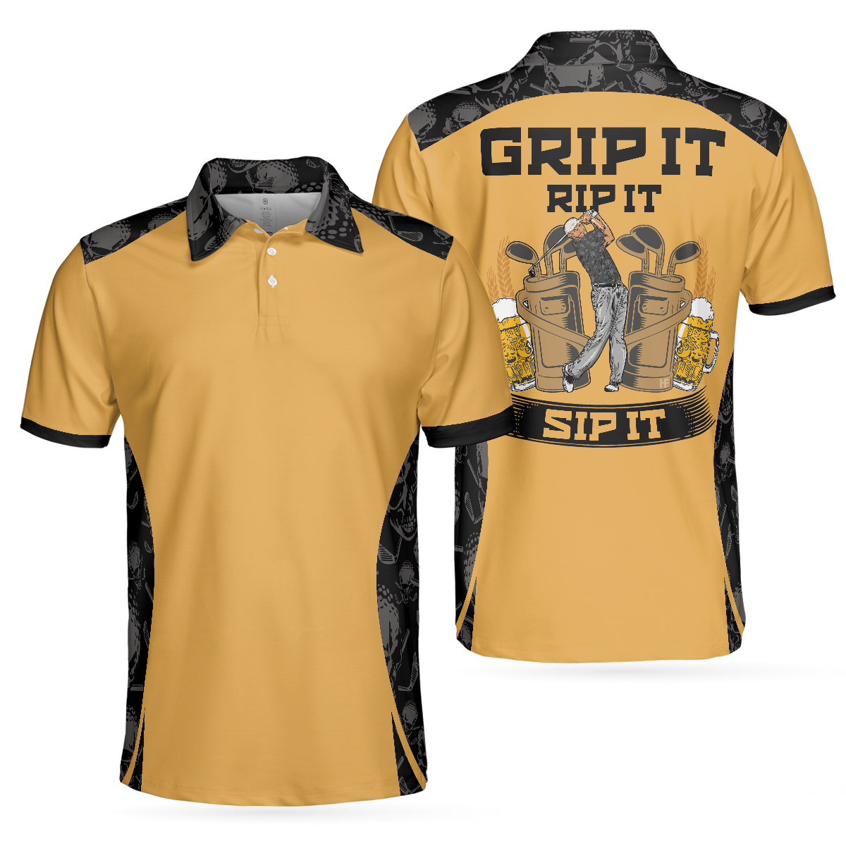 Men Golf Polo Shirt - Skull Pattern Polo Shirt, Grip It Rip It Sip It Golf Shirt For Halloween, Scary Gift Idea For Men, Golfers