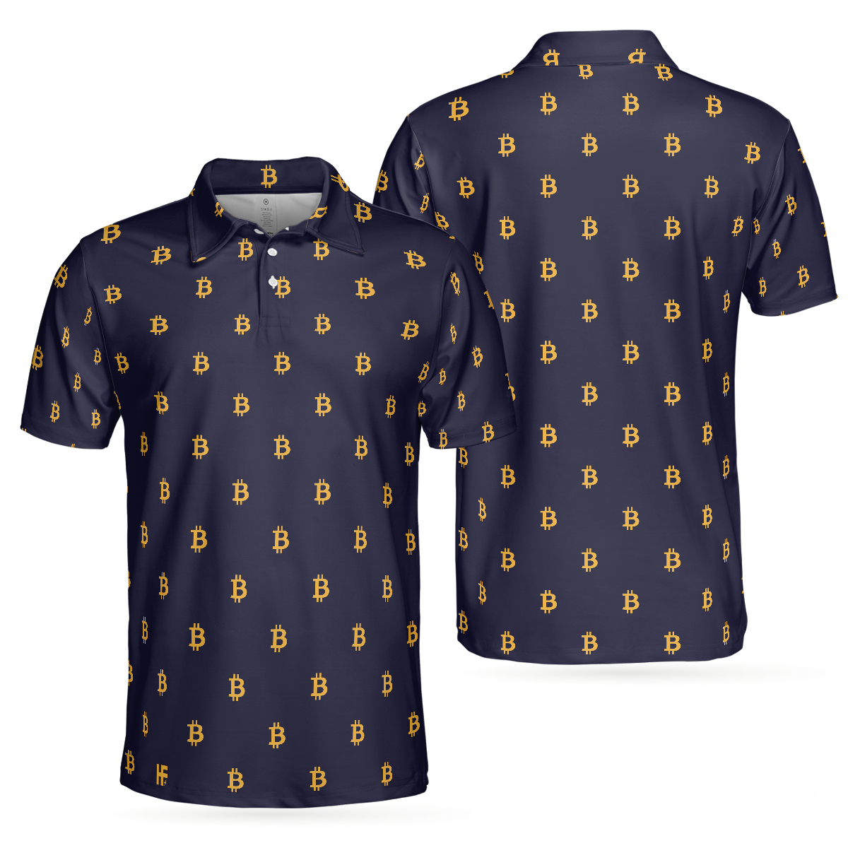 Seamless Pattern Sign Bitcoin Polo Shirt, Navy Blue And Gold Polo Shirt, Best Cryptocurrency Shirt For Men - Perfect Gift For Men, Golfer