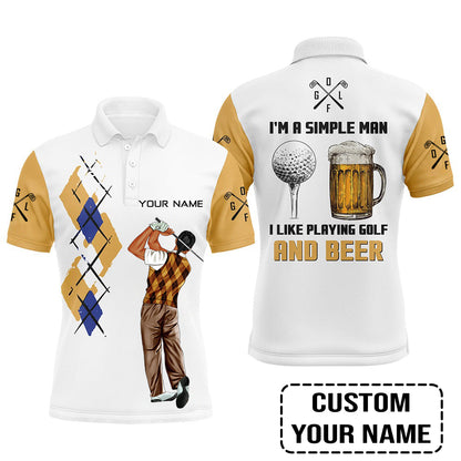 Golf Custom Polo Shirt, I'm A Simple Man Beer Argyle Pattern Personalized Golf Polo Shirt