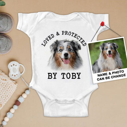 Custom Australian Shepherd Baby Onesies, Loved & Protected By Custom Dog Baby Onesies, Personalized Onesies, Newborn Onesies - Perfect Gift For Baby, Baby Gift Onesie