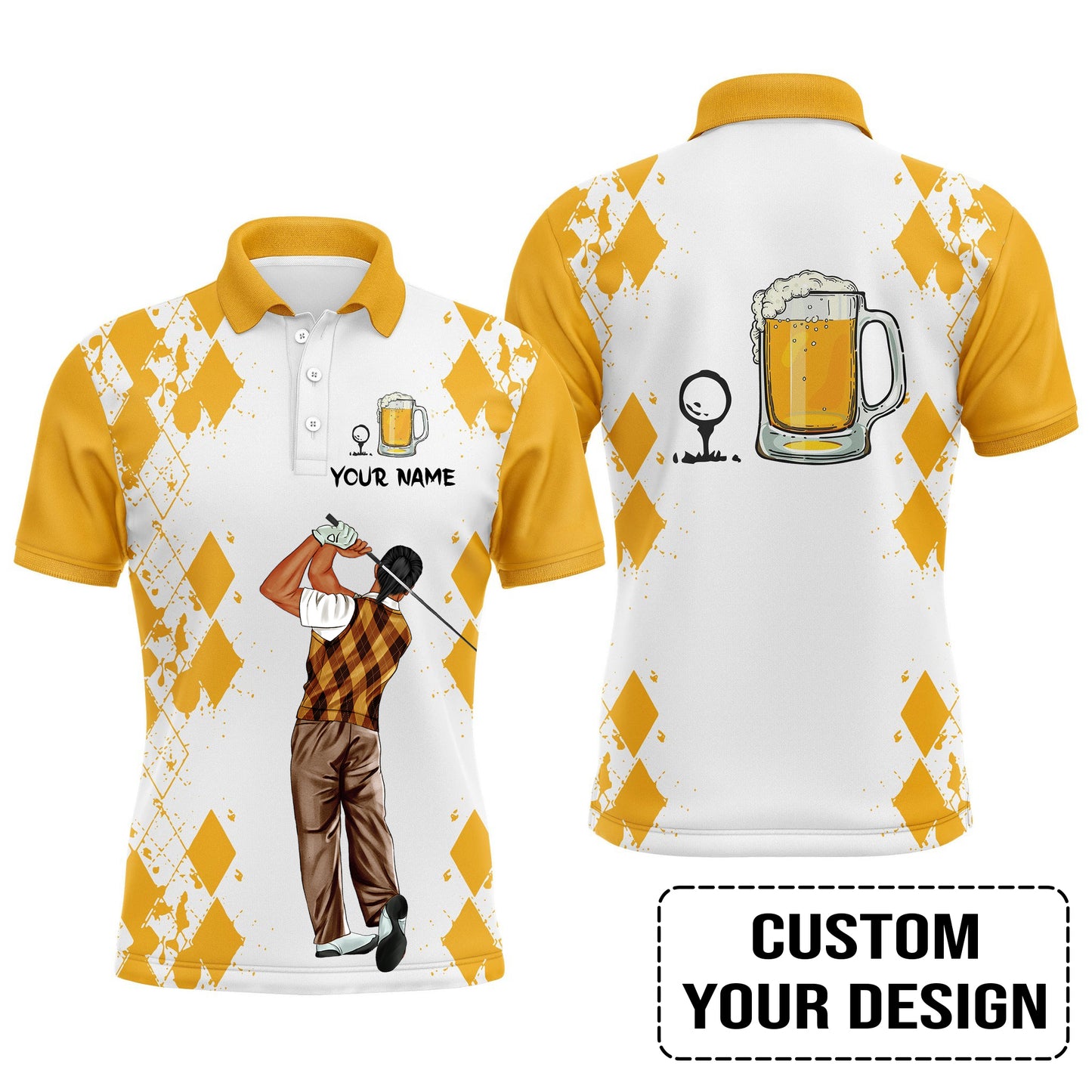 Golf Custom Polo Shirt, Argyle Pattern Beer Golf Personalized Golf Polo Shirt