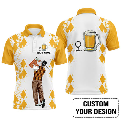 Golf Custom Polo Shirt, Argyle Pattern Beer Golf Personalized Golf Polo Shirt