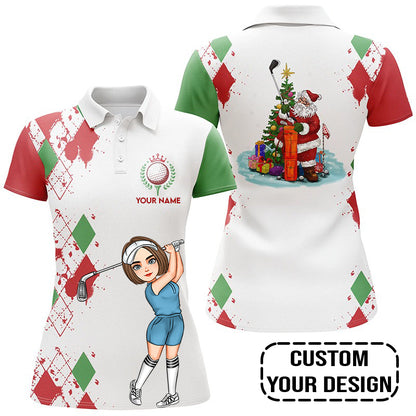 Golf Custom Women Polo Shirt, Argyle Pattern Christmas Golf Queen Personalized Women Polo Shirt