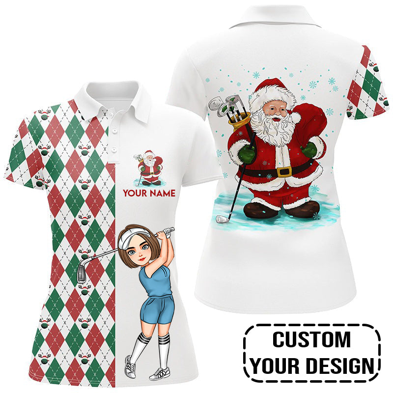 Golf Custom Women Polo Shirt, Argyle Pattern Christmas Personalized Women Polo Shirt