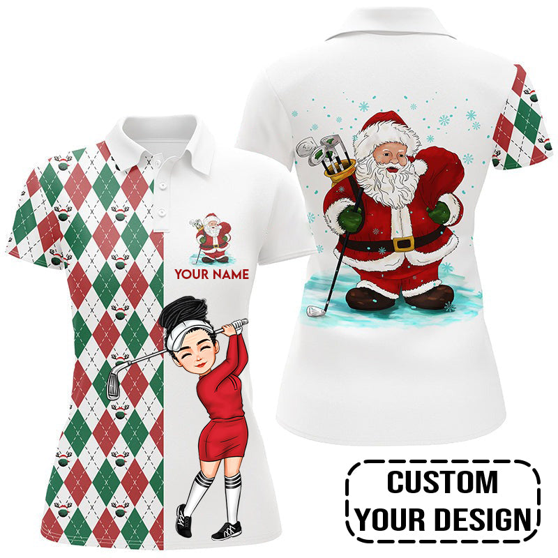 Golf Custom Women Polo Shirt, Argyle Pattern Christmas Personalized Women Polo Shirt