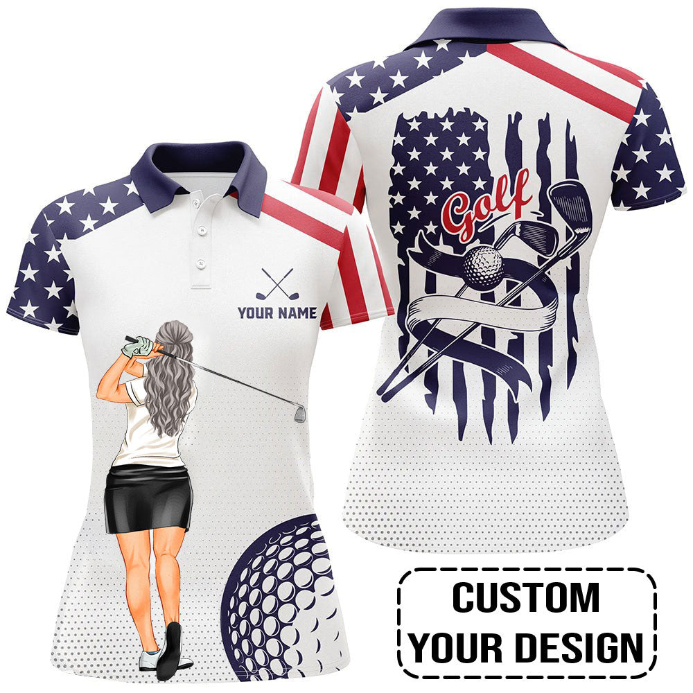 Golf Custom Women Polo Shirt, American Flag, US Flag Golf Personalized Women Polo Shirt