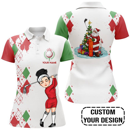 Golf Custom Women Polo Shirt, Argyle Pattern Christmas Golf Queen Personalized Women Polo Shirt