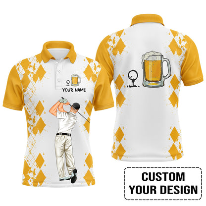 Golf Custom Polo Shirt, Argyle Pattern Beer Golf Personalized Golf Polo Shirt