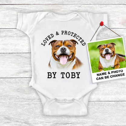 Custom Staffordshire Bull Terrier Baby Onesies, Loved & Protected By Custom Dog Newborn Onesies, Personalized Onesies - Perfect Gift For Baby, Baby Gift Onesie