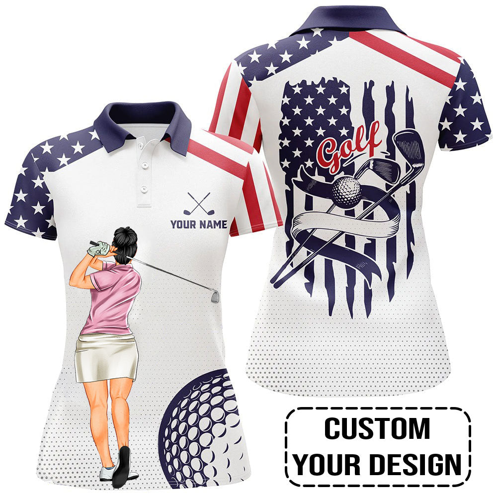Golf Custom Women Polo Shirt, American Flag, US Flag Golf Personalized Women Polo Shirt