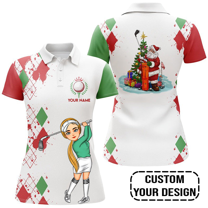 Golf Custom Women Polo Shirt, Argyle Pattern Christmas Golf Queen Personalized Women Polo Shirt