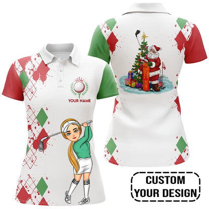 Golf Custom Women Polo Shirt, Argyle Pattern Christmas Golf Queen Personalized Women Polo Shirt