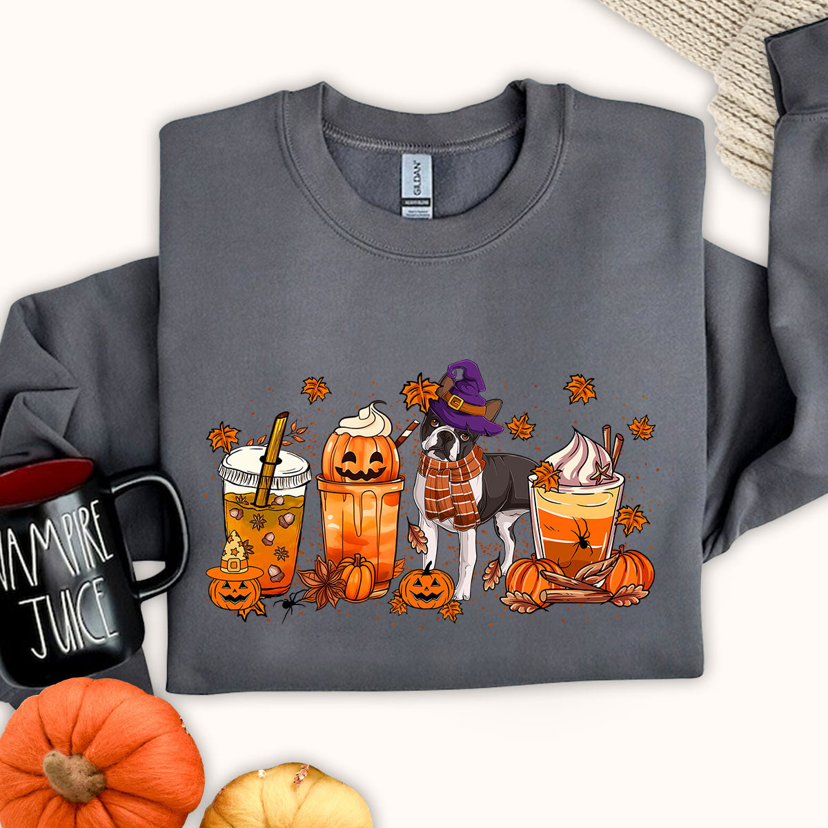 Boston Terrier Sweatshirt, Fall Coffee Latte Boston Terrier Shirt, Boston Terrier Halloween Sweatshirt