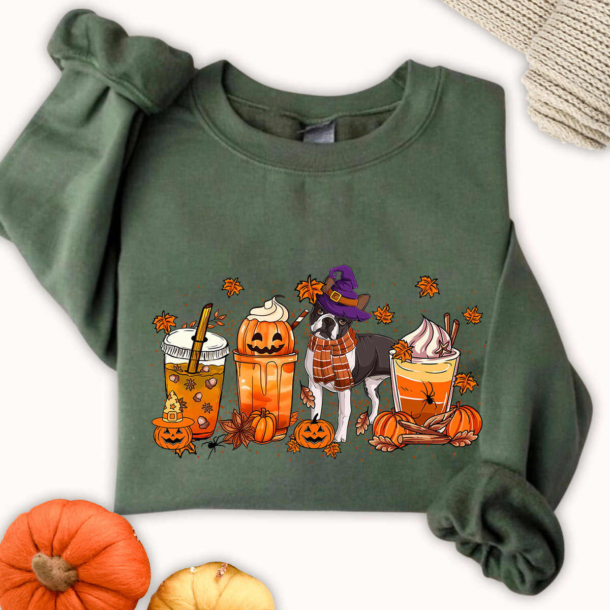 Boston Terrier Sweatshirt, Fall Coffee Latte Boston Terrier Shirt, Boston Terrier Halloween Sweatshirt