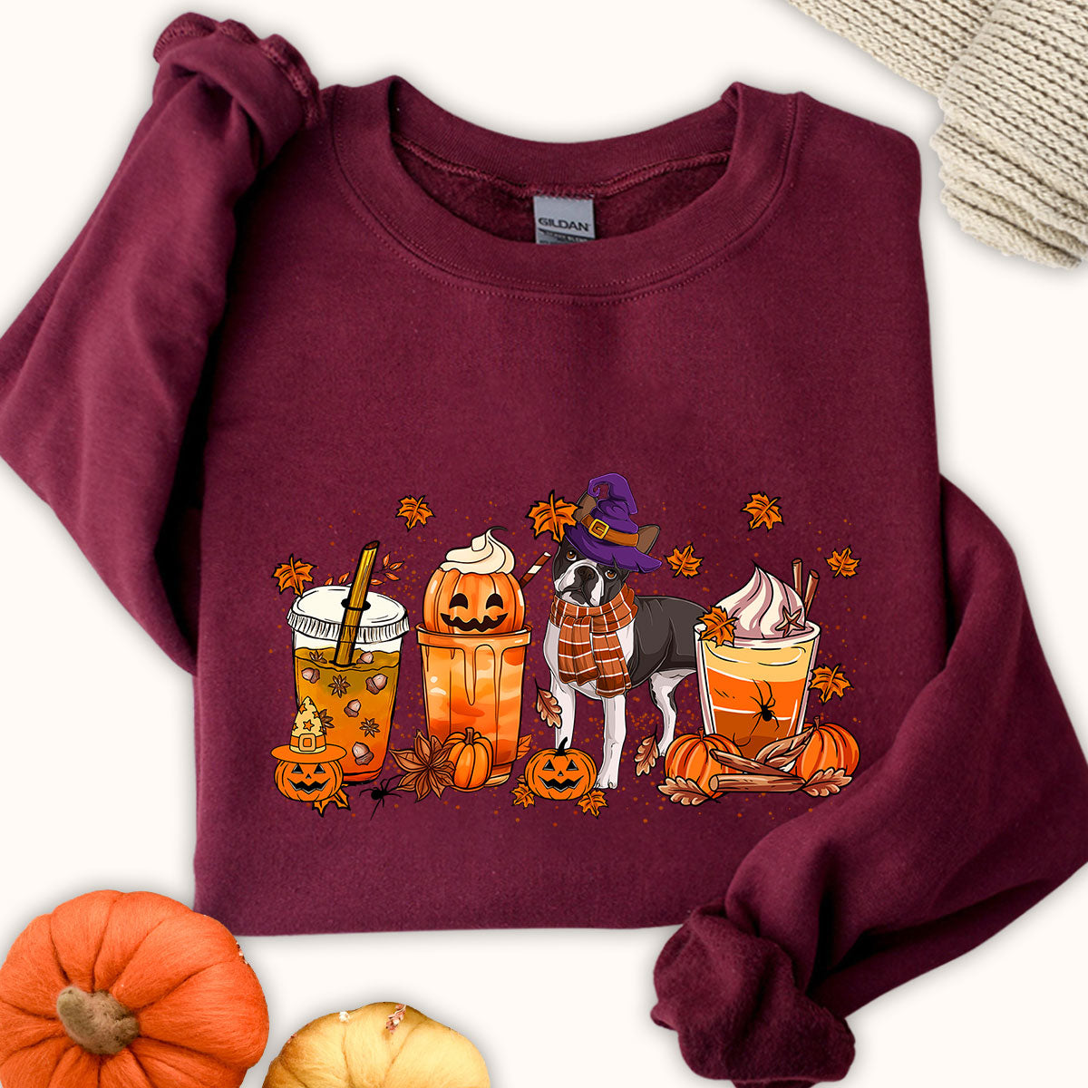 Boston Terrier Sweatshirt, Fall Coffee Latte Boston Terrier Shirt, Boston Terrier Halloween Sweatshirt