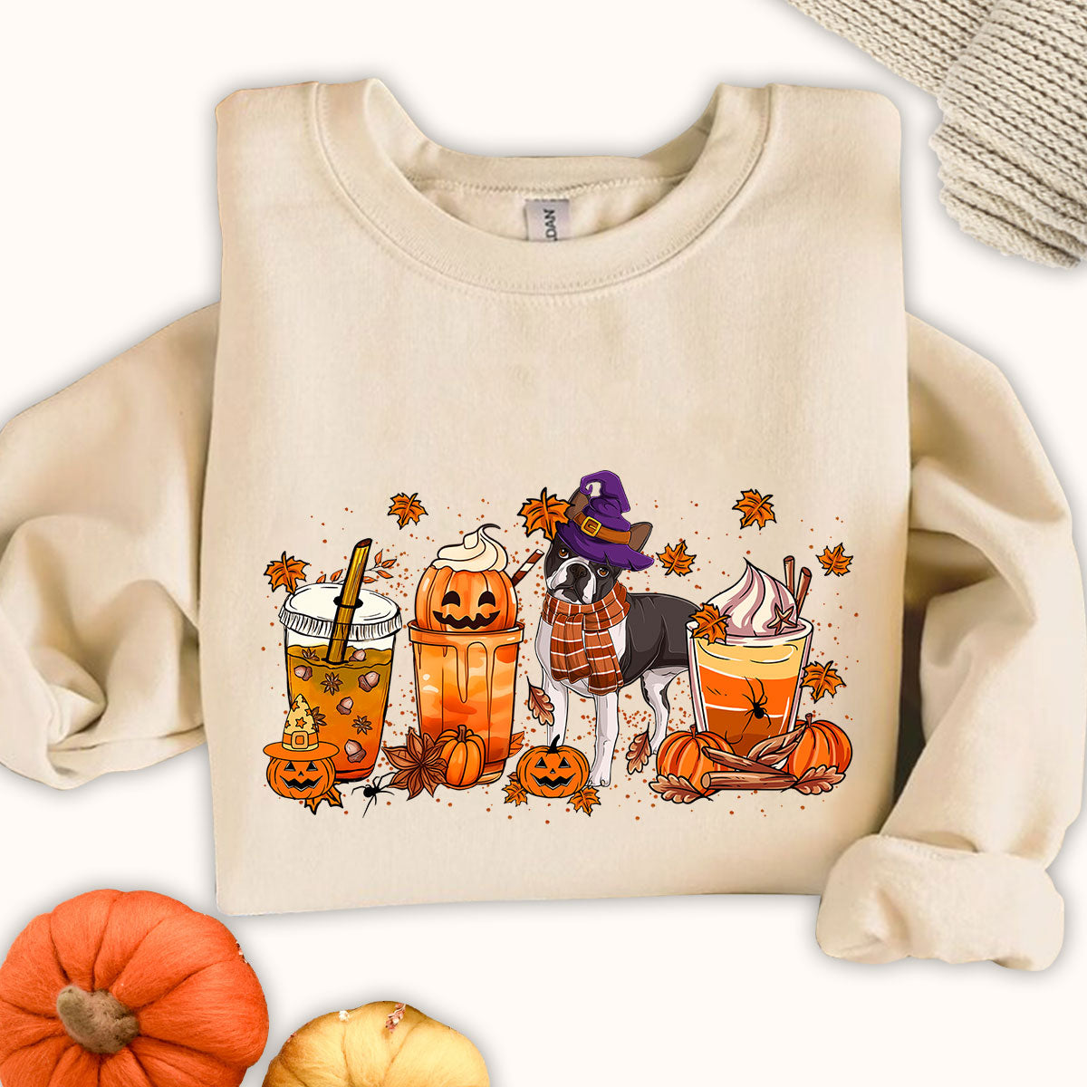Boston Terrier Sweatshirt, Fall Coffee Latte Boston Terrier Shirt, Boston Terrier Halloween Sweatshirt