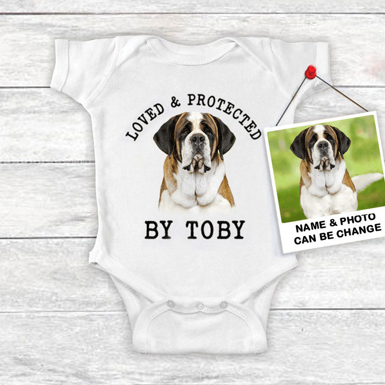 Custom St Bernard Baby Onesies, Loved & Protected By Custom Dog Newborn Onesies, Personalized Onesies - Perfect Gift For Baby, Baby Gift Onesie