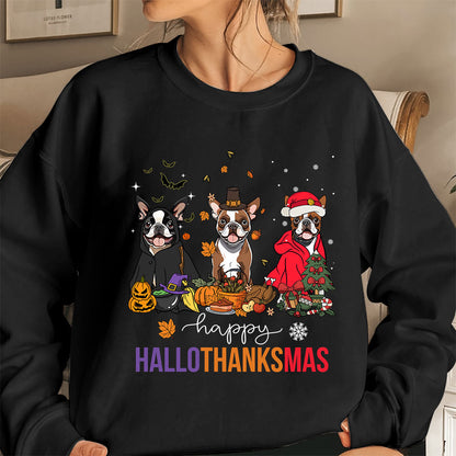 Boston Terrier Sweatshirt, Happy Hallothanksmas Boston Terrier Shirt, Boston Terrier Halloween Sweatshirt