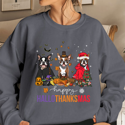 Boston Terrier Sweatshirt, Happy Hallothanksmas Boston Terrier Shirt, Boston Terrier Halloween Sweatshirt